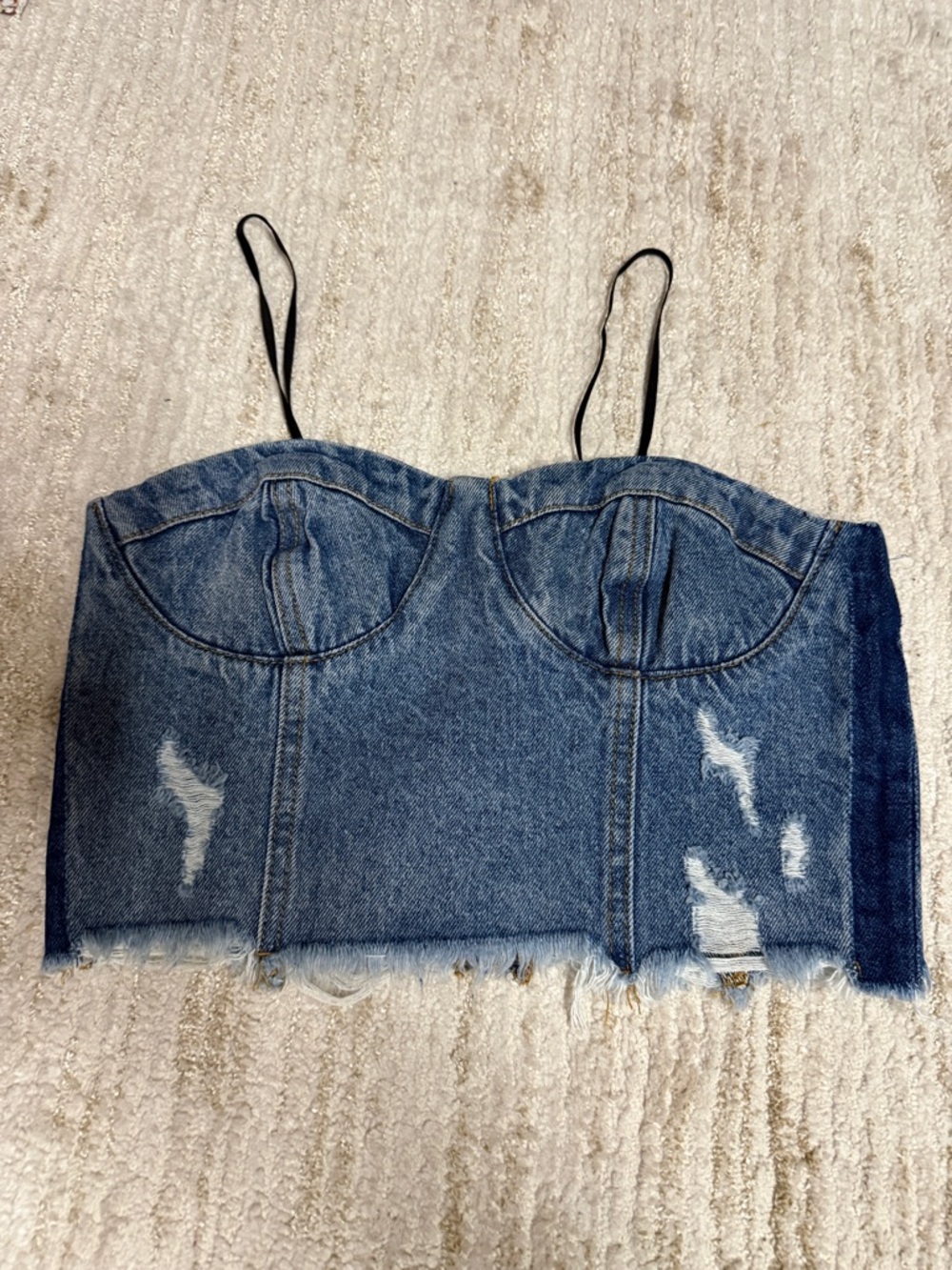 Vici Blue Denim Bustier Crop Top with Distressed Hem